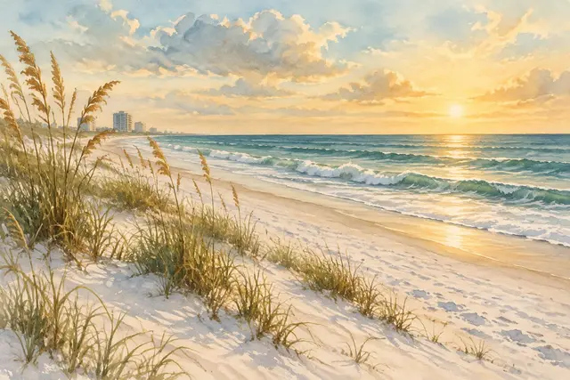 Watercolor of a white-sand Gulf Shores beach with sea oats in Alabama