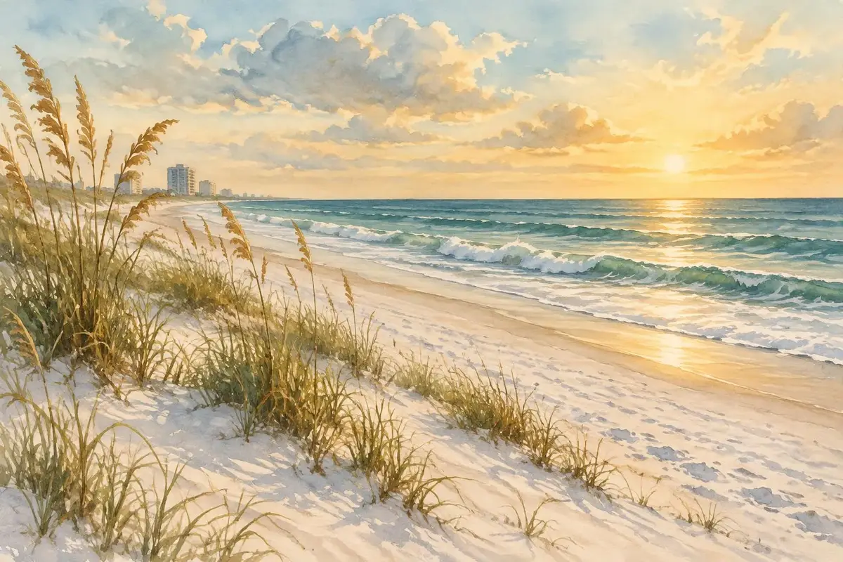 Watercolor of a white-sand Gulf Shores beach with sea oats in Alabama