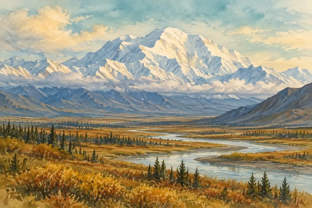 Watercolor of Denali rising over a tundra valley in Alaska