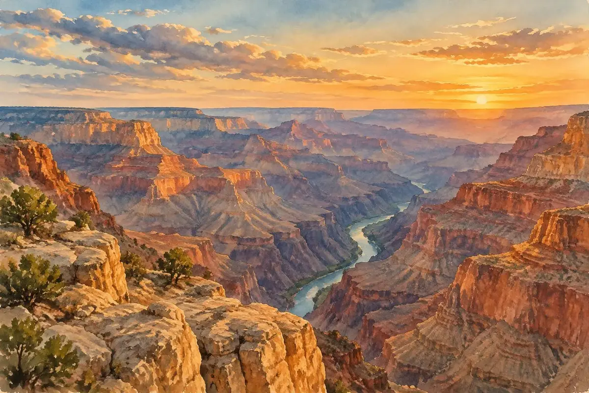 Watercolor of the Grand Canyon at sunset in Arizona