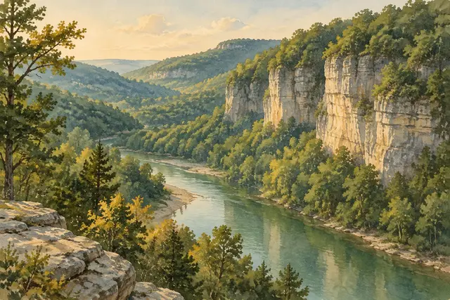 Watercolor of Ozark bluffs above the Buffalo River in Arkansas