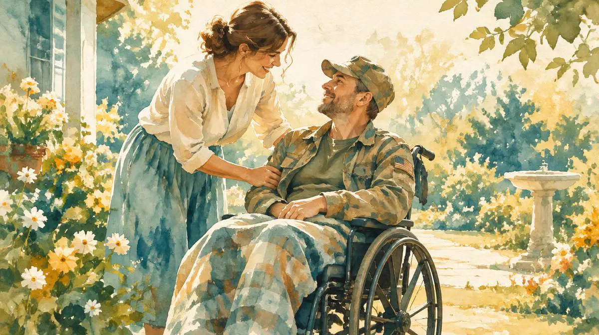 Watercolor of a woman caring for a Veteran in a wheelchair in a garden