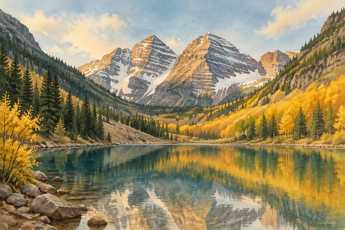 Watercolor of the Maroon Bells and golden aspens in Colorado