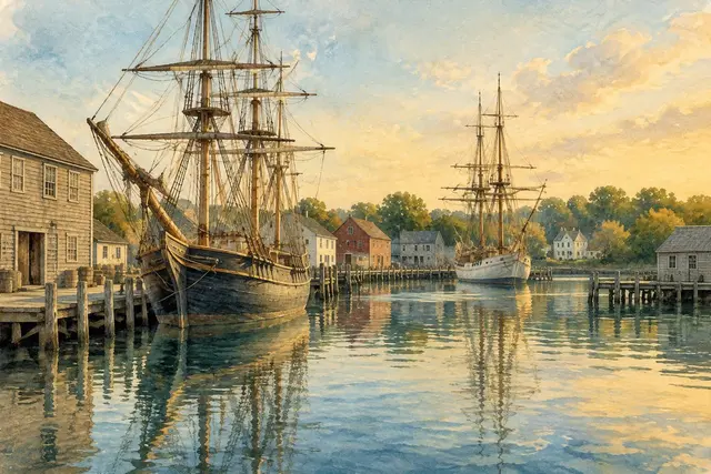 Watercolor of tall ships at Mystic Seaport in Connecticut