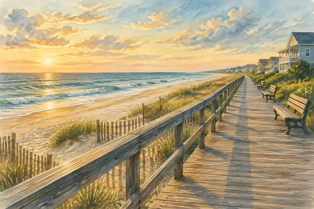 Watercolor of the Rehoboth Beach boardwalk in Delaware