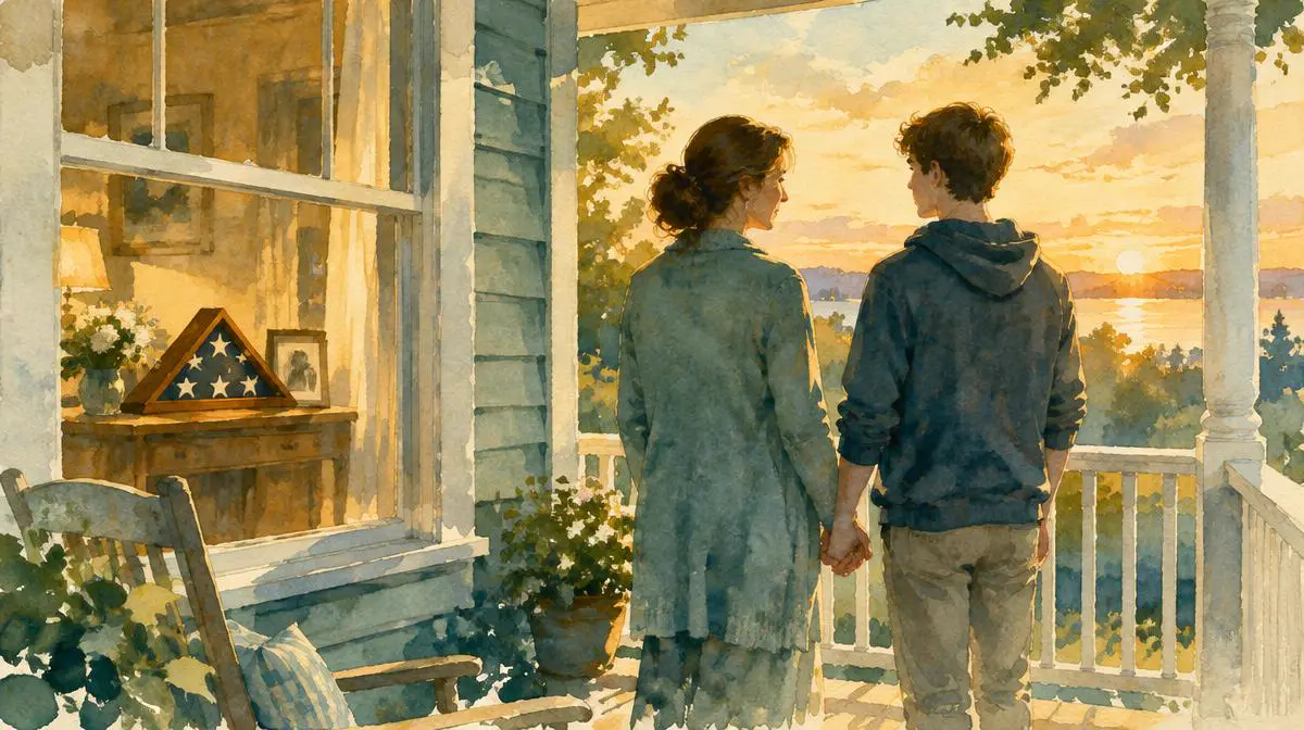 Watercolor of a mother and teen son on a porch at sunset, a folded flag inside