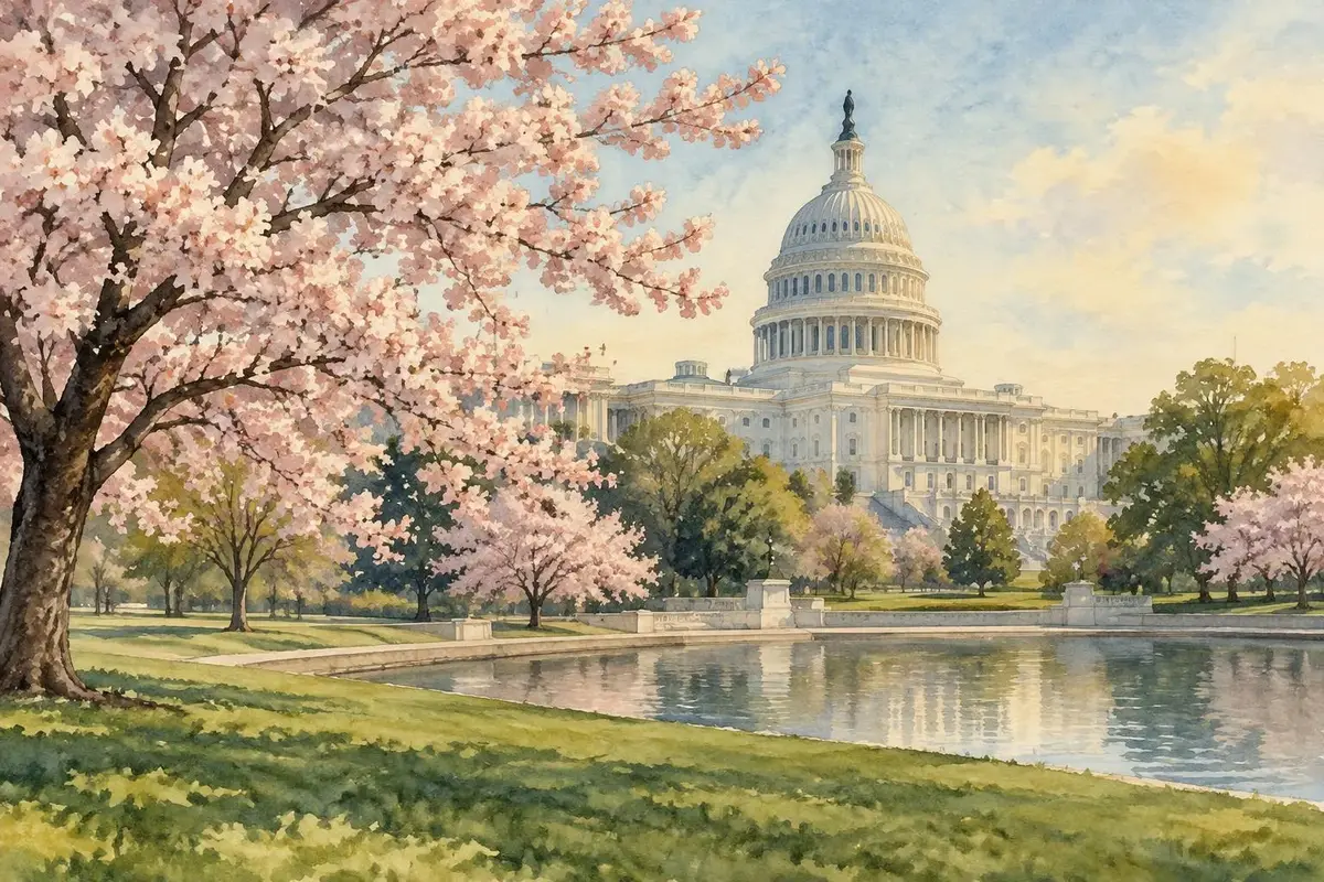 Watercolor of the U.S. Capitol dome with cherry blossoms in Washington, DC