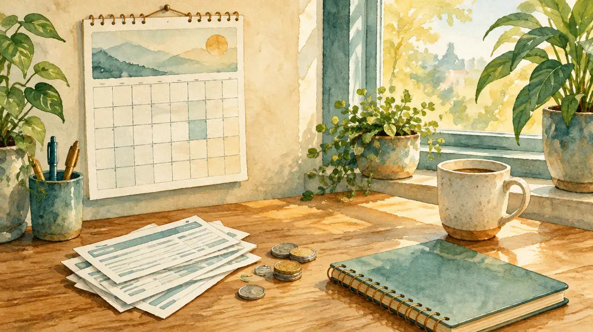 Watercolor of a calendar, pay stubs and coins on a desk