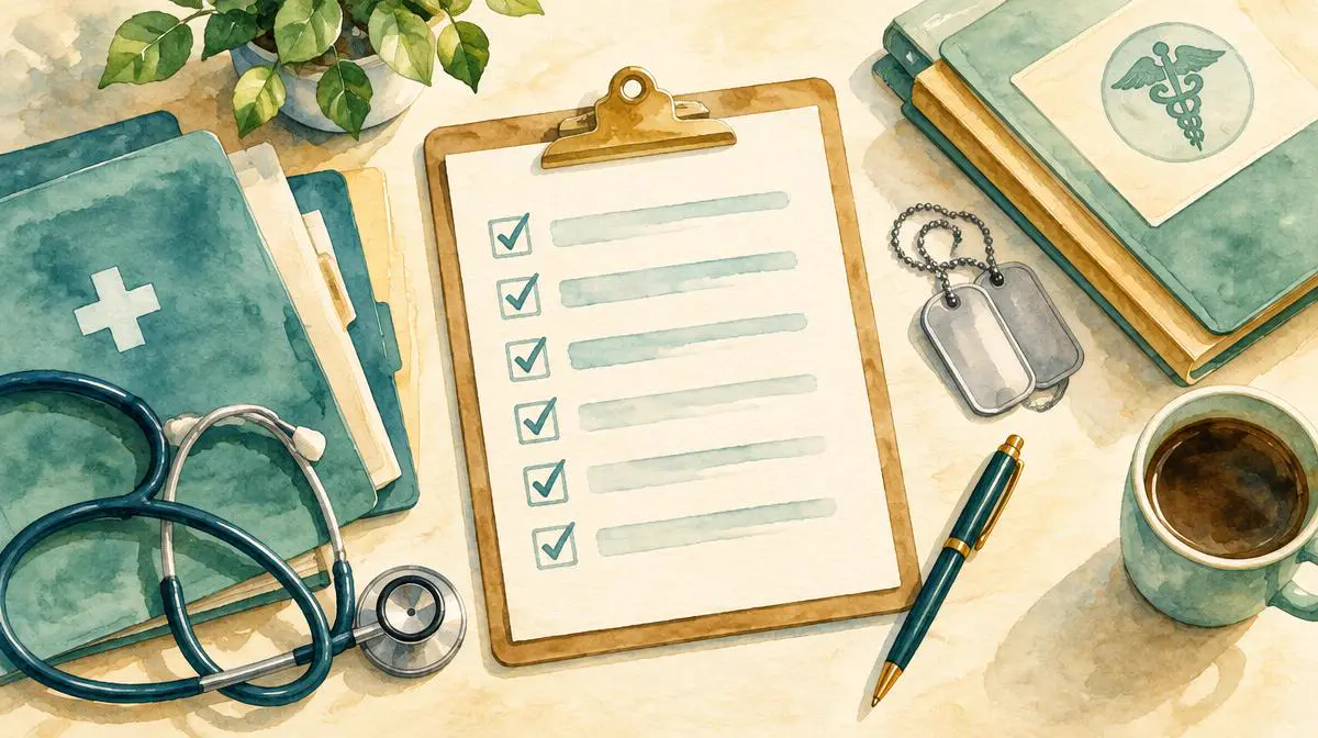 Watercolor of a checklist, medical folders and dog tags on a desk