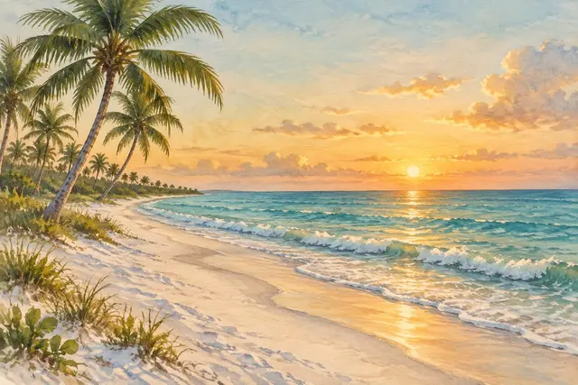 Watercolor of a palm-lined beach at sunset in Florida
