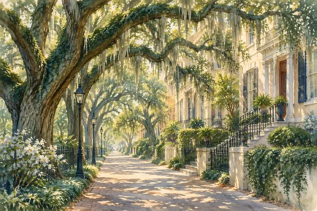 Watercolor of live oaks draped in Spanish moss in Savannah, Georgia