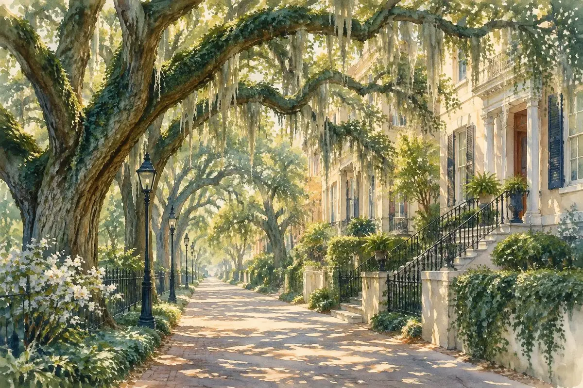 Watercolor of live oaks draped in Spanish moss in Savannah, Georgia
