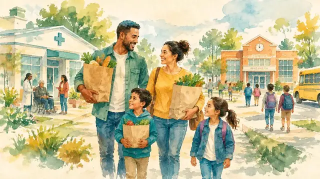 Watercolor of a family with groceries near a clinic and a school
