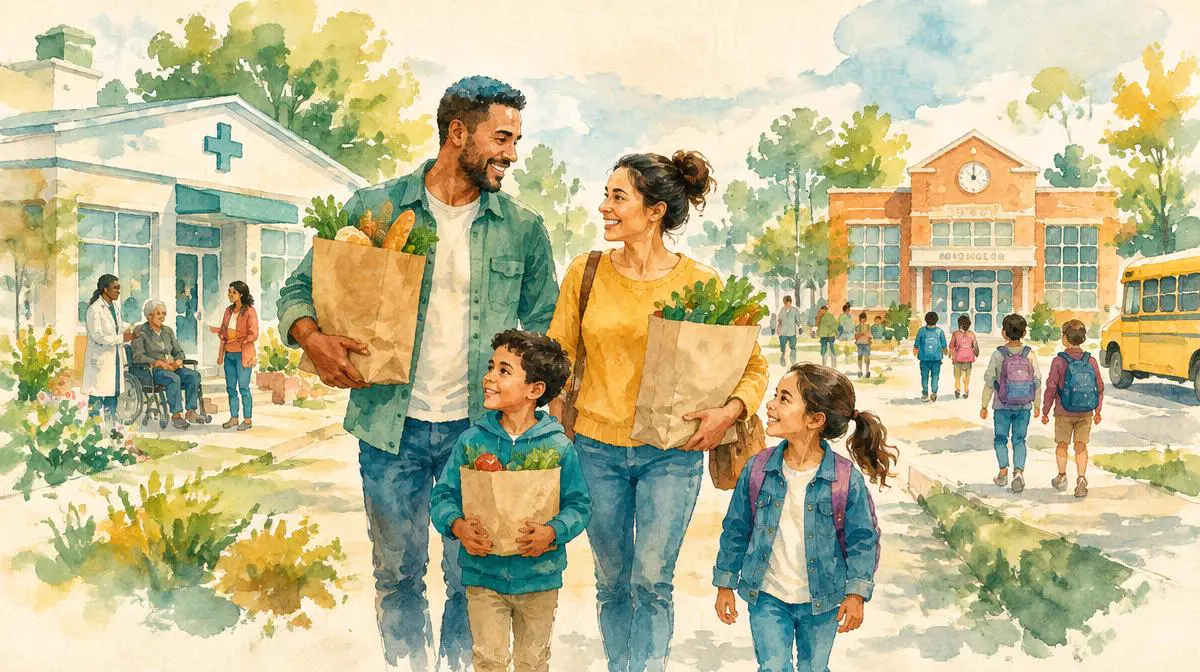 Watercolor of a family with groceries near a clinic and a school