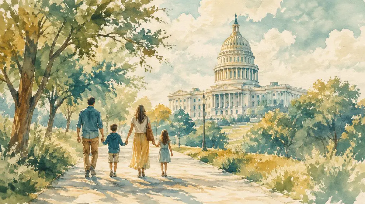 Watercolor of a family walking a tree-lined path toward the Capitol