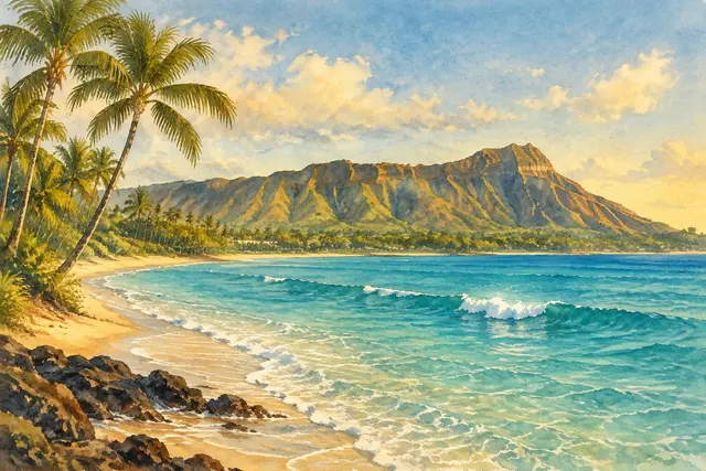 Watercolor of Diamond Head over the water in Hawaii