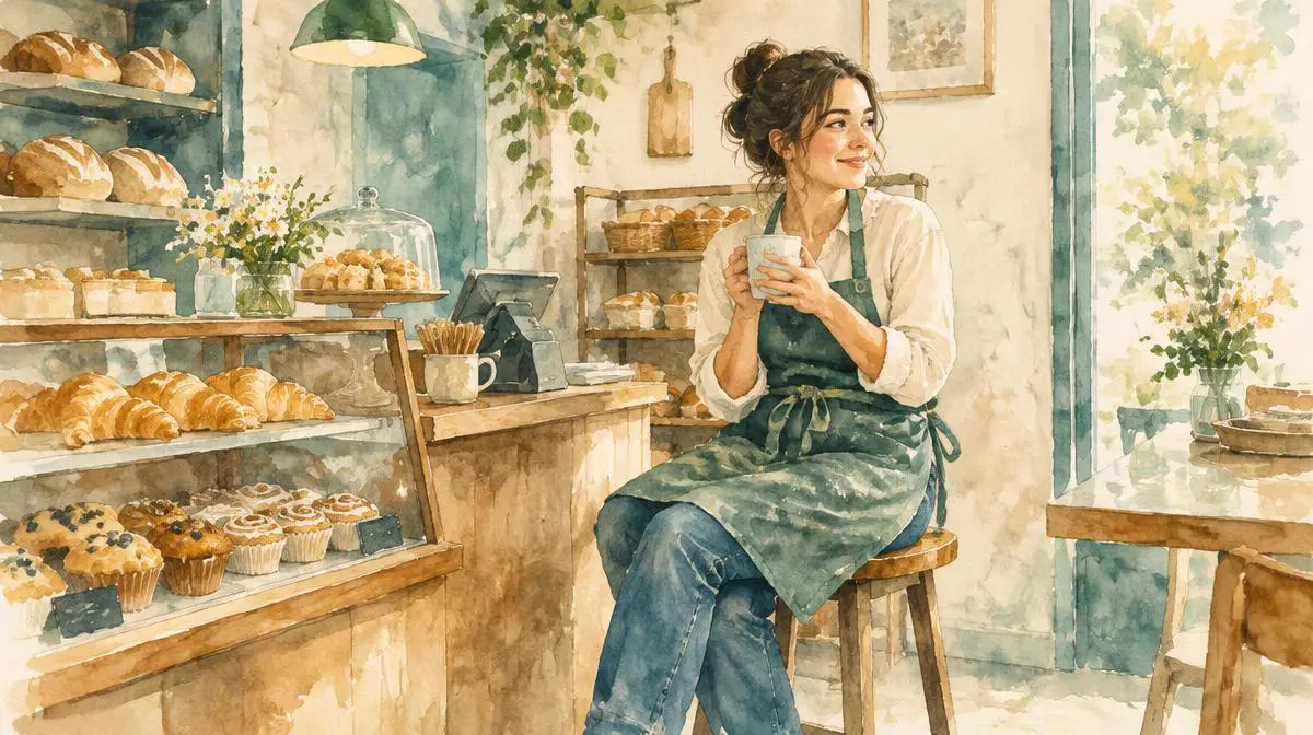 Watercolor of a woman taking a break at a small bakery