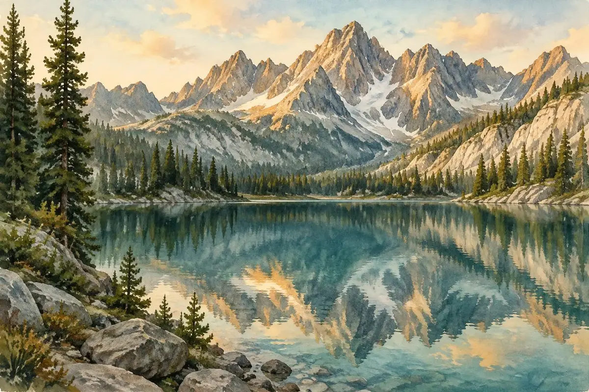 Watercolor of the Sawtooth peaks over a mountain lake in Idaho