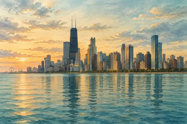 Watercolor of the Chicago skyline across Lake Michigan in Illinois