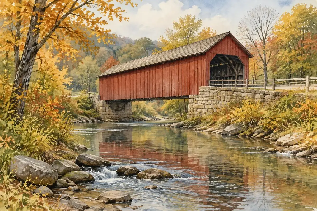 Watercolor of a red covered bridge in fall in Indiana