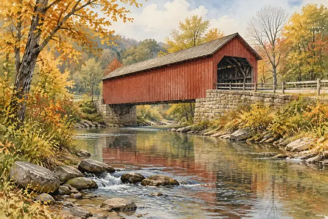 Watercolor of a red covered bridge in fall in Indiana
