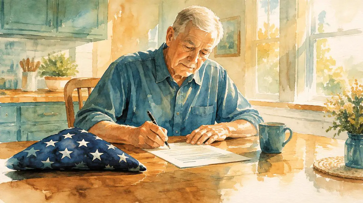 Watercolor of an older Veteran signing a form at his kitchen table