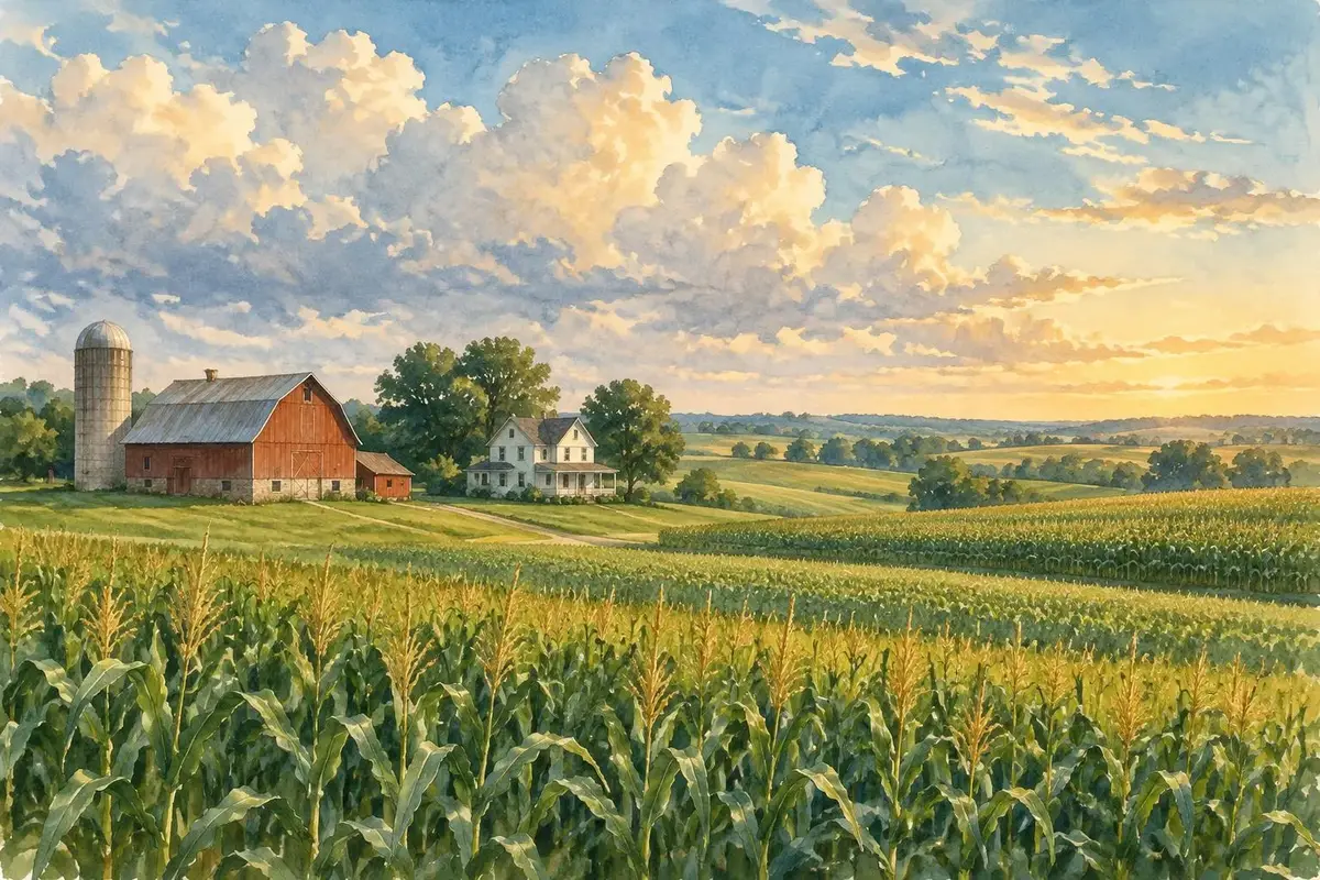 Watercolor of cornfields and a red barn in Iowa