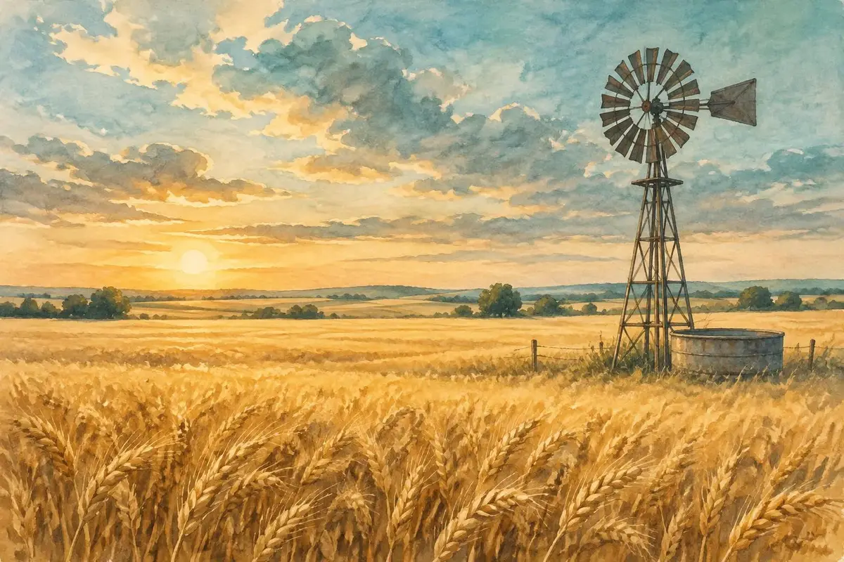 Watercolor of a wheat field and windmill in Kansas