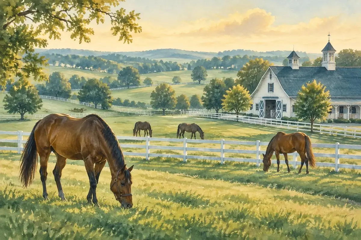 Watercolor of horses behind white fences in Kentucky bluegrass country