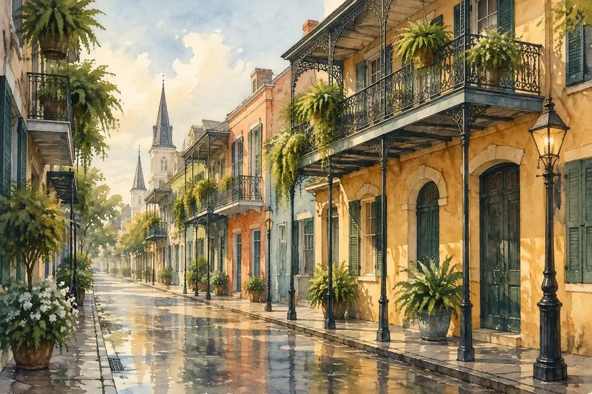 Watercolor of French Quarter balconies in New Orleans, Louisiana