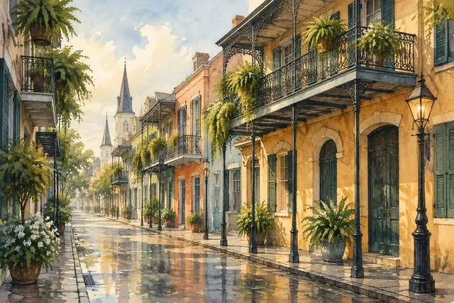 Watercolor of French Quarter balconies in New Orleans, Louisiana