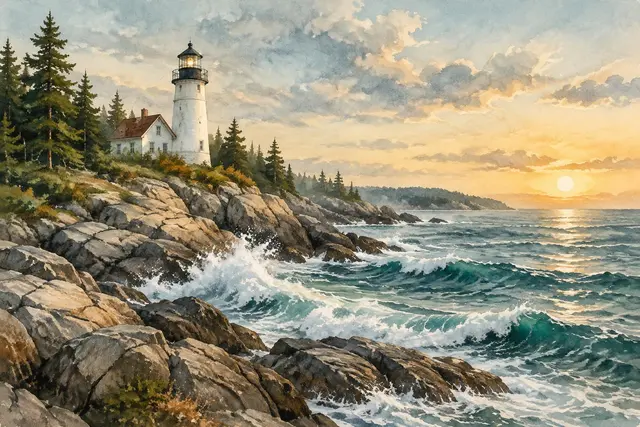 Watercolor of a lighthouse on the rocky coast of Maine