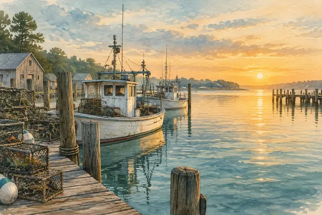 Watercolor of crab boats on the Chesapeake Bay in Maryland
