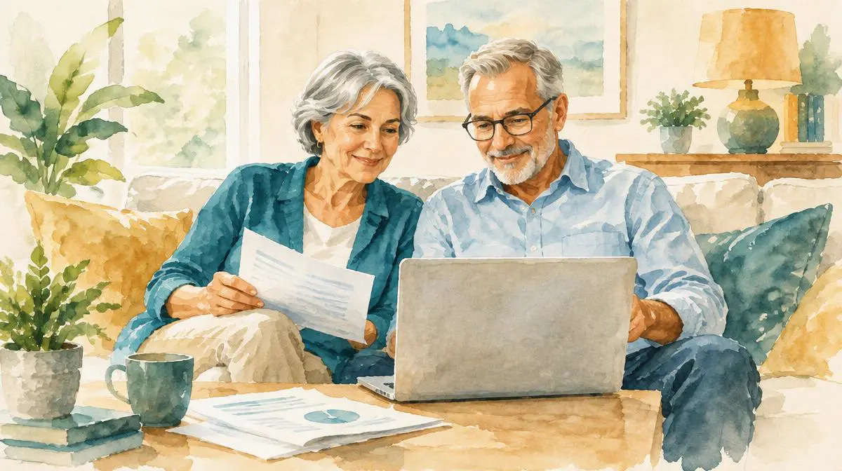 Watercolor of an older couple reviewing health plans on a laptop