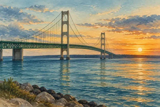 Watercolor of the Mackinac Bridge at sunset in Michigan