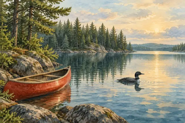 Watercolor of a canoe and a loon on a northwoods lake in Minnesota
