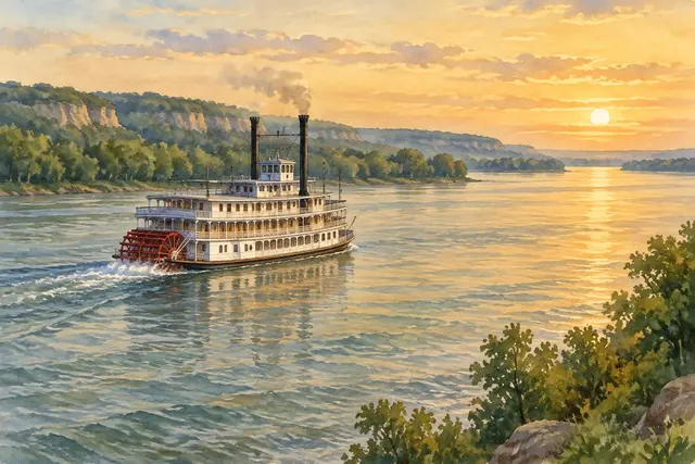 Watercolor of a paddlewheel riverboat on the Mississippi River