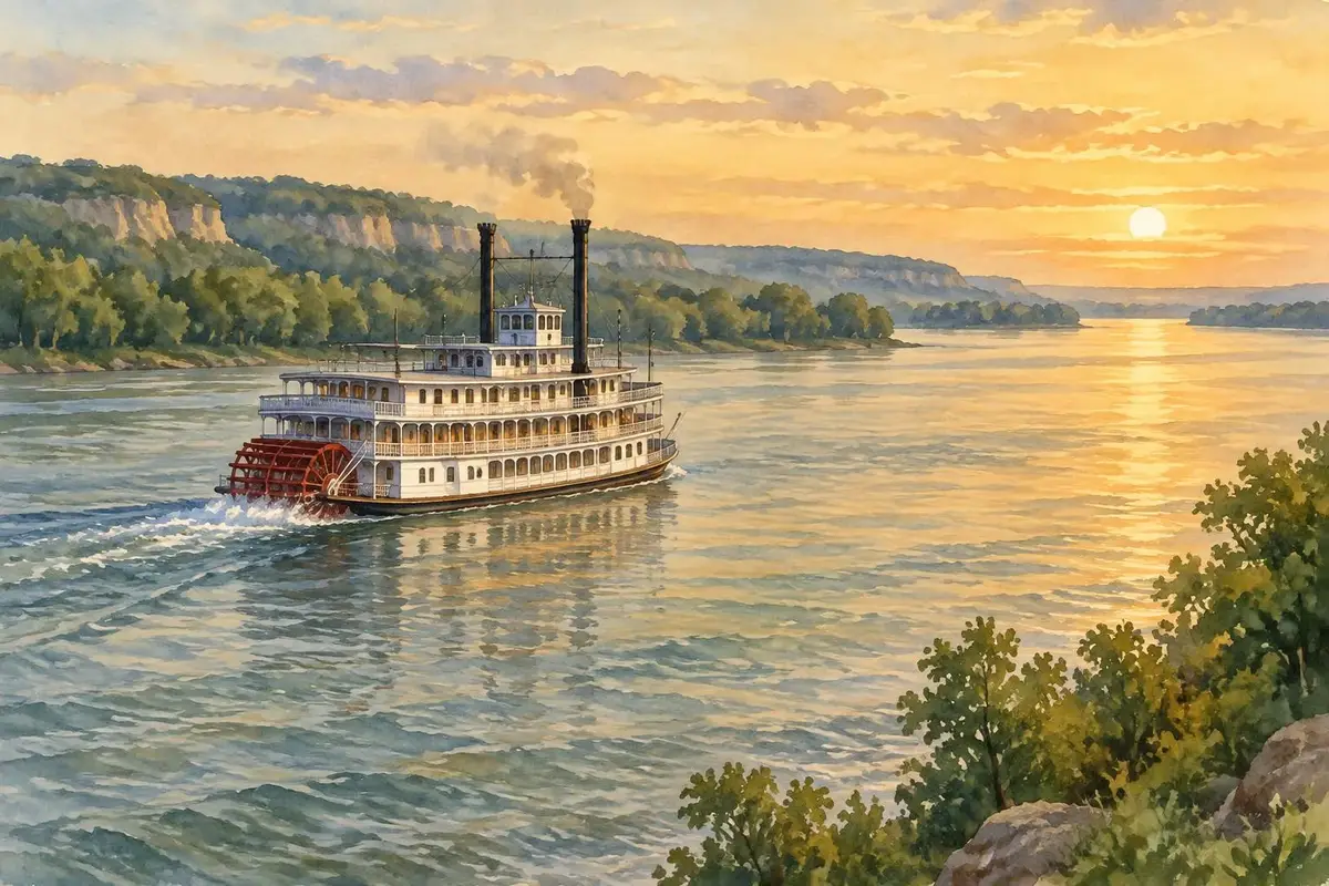 Watercolor of a paddlewheel riverboat on the Mississippi River