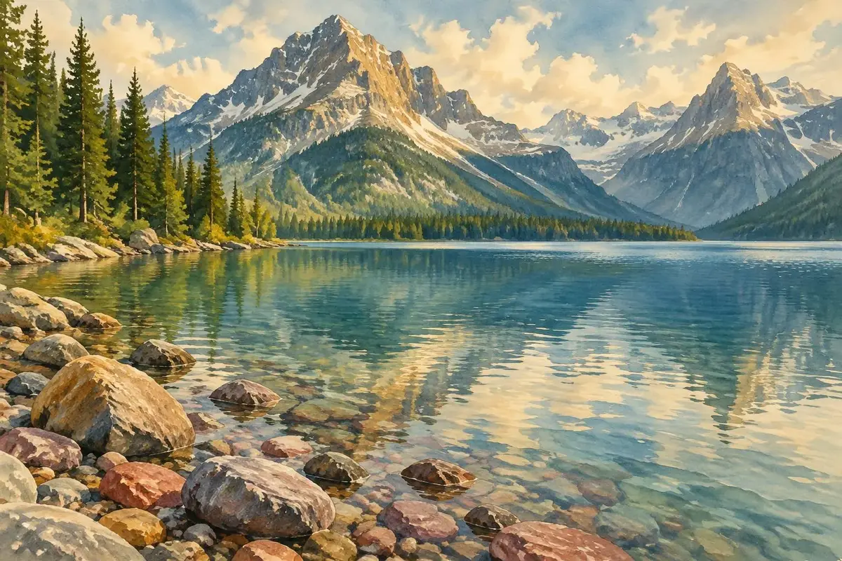 Watercolor of Glacier National Park peaks and lake in Montana