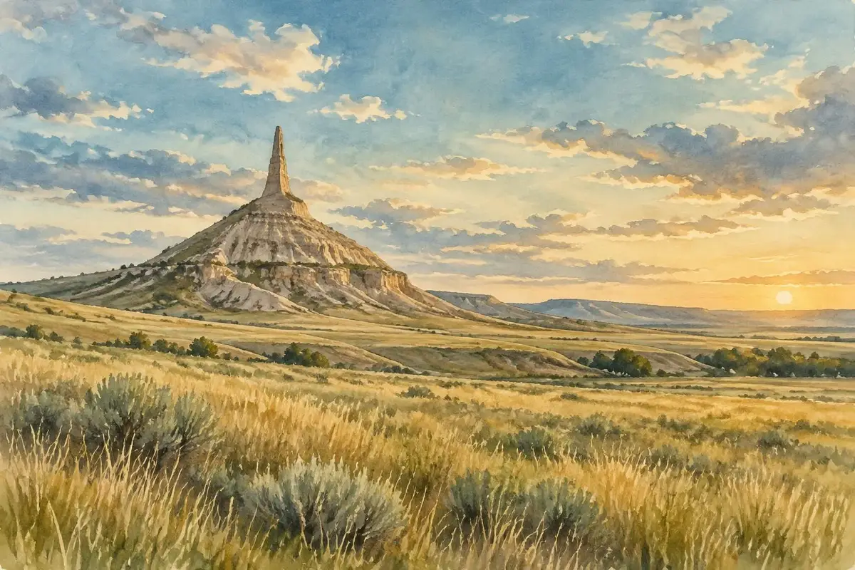 Watercolor of Chimney Rock on the prairie in Nebraska