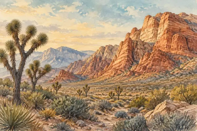 Watercolor of Red Rock Canyon and Joshua trees in Nevada