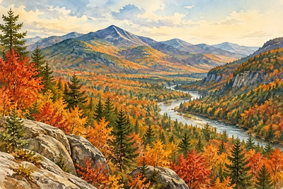 Watercolor of the White Mountains in fall color in New Hampshire