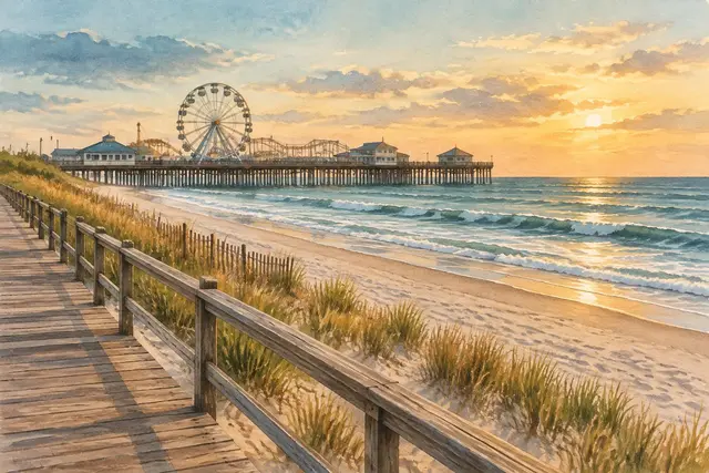 Watercolor of a Jersey Shore boardwalk and pier in New Jersey