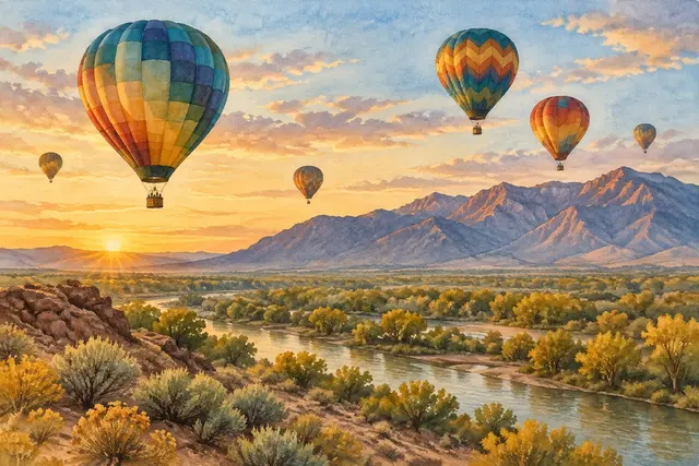 Watercolor of an adobe church and hot-air balloons in New Mexico