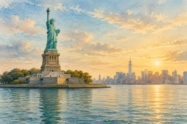 Watercolor of the Statue of Liberty in New York Harbor