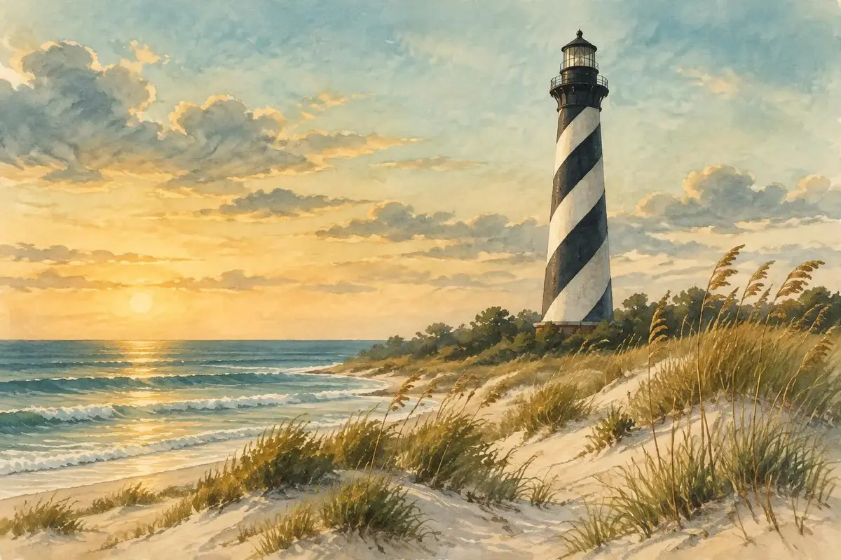 Watercolor of the Cape Hatteras lighthouse in North Carolina