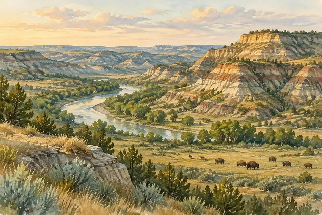 Watercolor of the badlands and bison in North Dakota