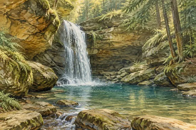 Watercolor of a Hocking Hills waterfall in Ohio