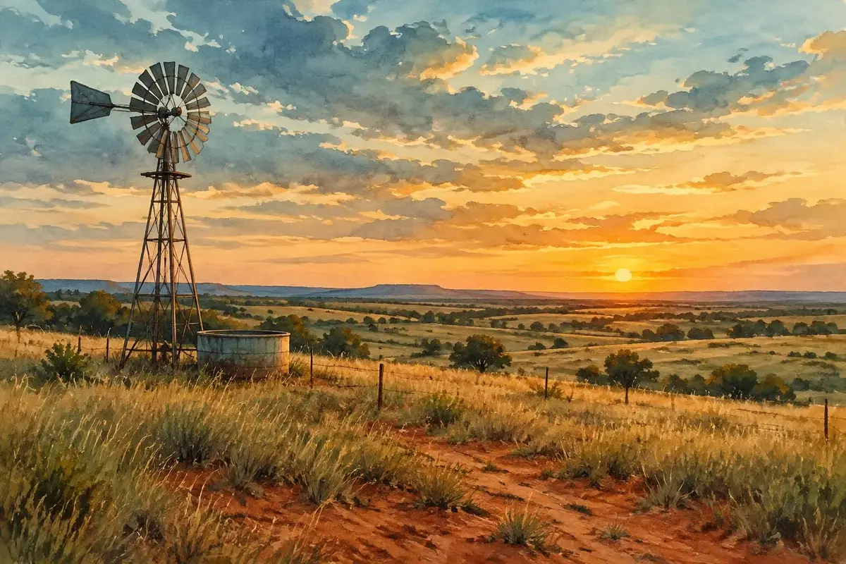 Watercolor of a windmill on red-dirt prairie in Oklahoma