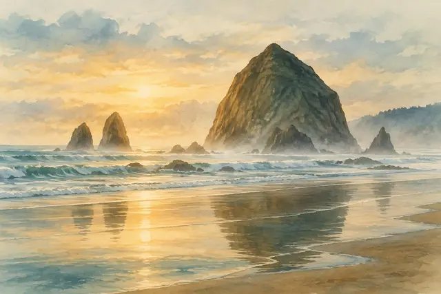 Watercolor of Haystack Rock at Cannon Beach, Oregon